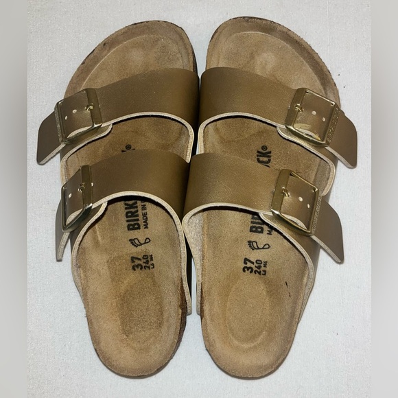 Birkenstock Shoes - Birkenstock Arizona Suede Footbed Gold Metallic Sandals